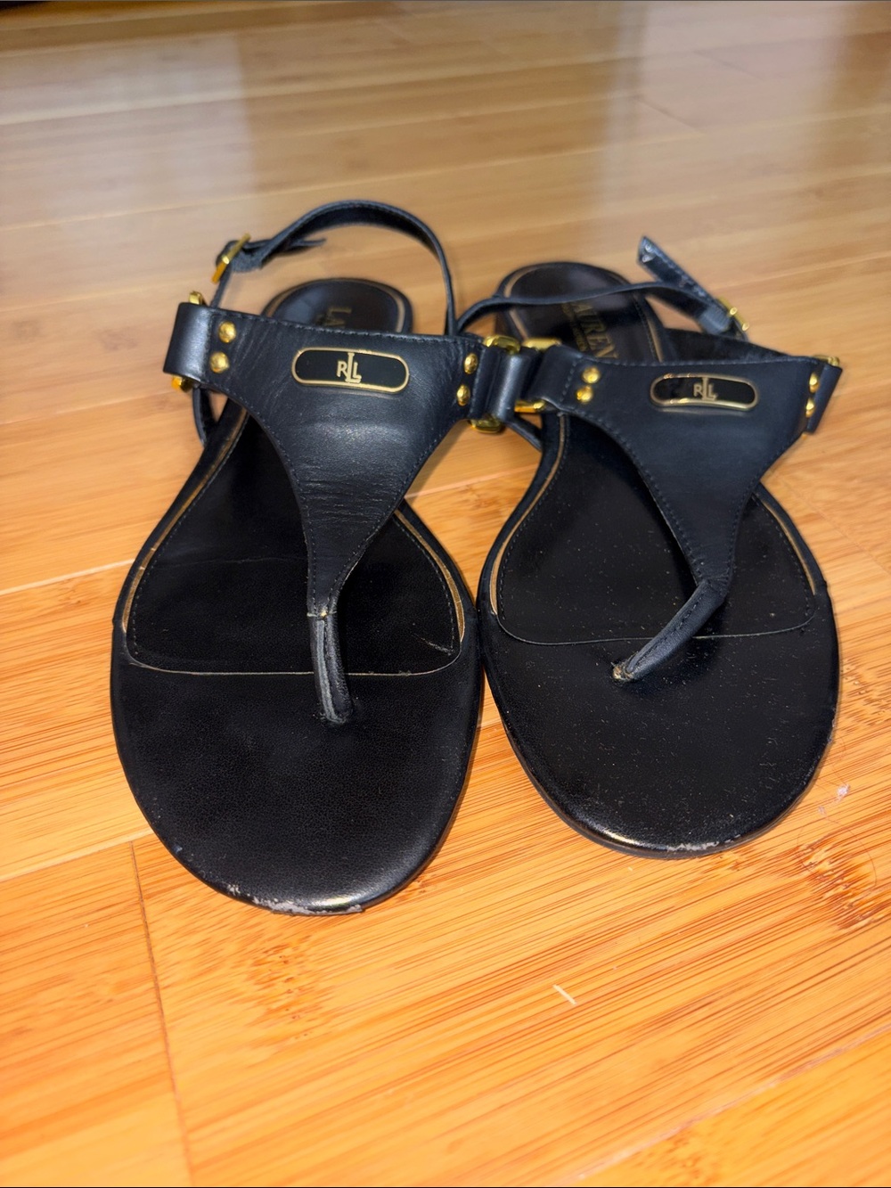 Ralph Lauren Black Leather T-Strap Sandals with Gold Accents